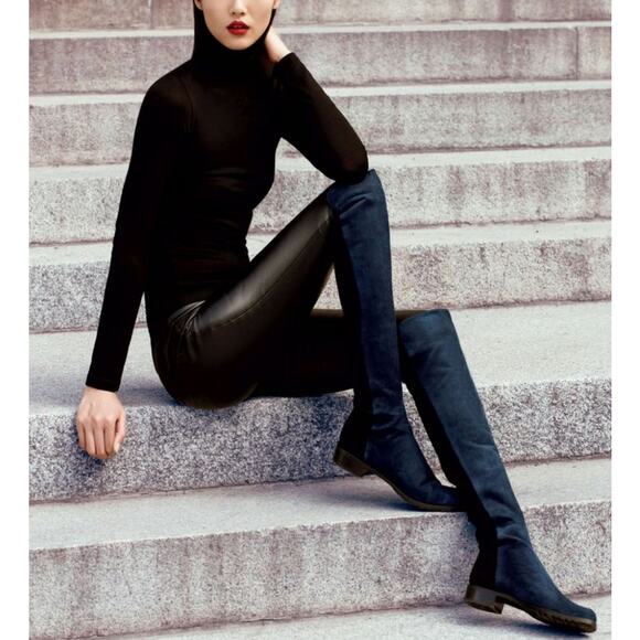 Stuart Weitzman 5050 Over The Knee High Boots Suede Leather Flat, Black - Picture 2 of 16